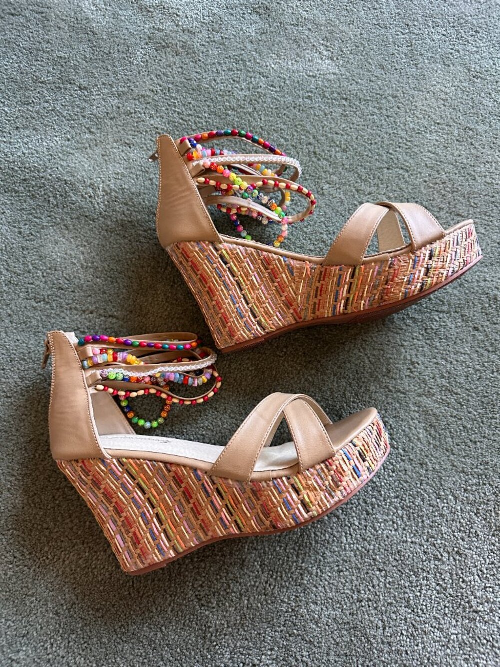 Wedges With Pearls Across The Top Platform Sandals High Heels, tan